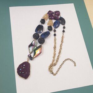 Purple druzy necklace, Large color beaded purple druzy pendant necklace